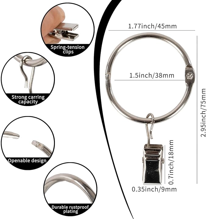 Openable Curtain Rings with Clips,1.5inch Inner Diameter,Heavy Duty Rustproof Metal Decorative Vintage Drapery Rings Curtain Clips Rod Hangers Door Curtain and Shower Curtain Rings Silver Zocang