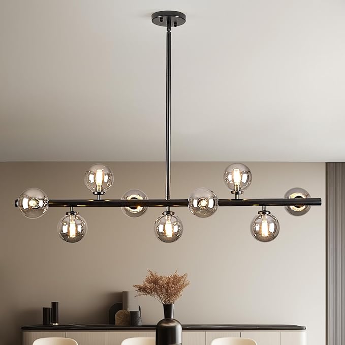 Mid Century Modern Globe Sputnik Chandelier, 9-Light Linear Chandeliers for Dining Room and Kitchen Island, Dining Light Fixture Over Table, Black and Smoke Grey Glass Bubble, 40 Inch