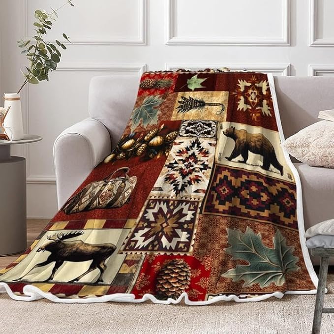Rustic Cabin Throw Blankets, Farmhouse Country Vintage Bear Moose Wood Cozy Warm Bed Couch Blanket, Hunting Camping Forest White Fleece Flannel Throws to Decorate The Room and Bedroom