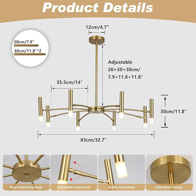 KCO Lighting Contemporary 8 Lights LED Chandeliers Brushed Brass Living Room Light Fixture Gold Sputnik Flush Mount Ceiling Light Fixture Small Modern Ceiling Lamp for Bedroom