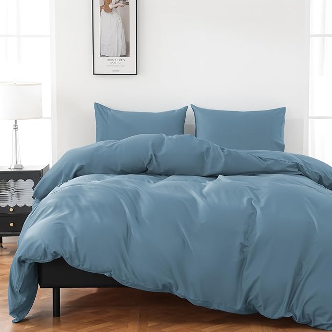 100% Organic Cotton Duvet Cover King 400 Thread Count Sateen Comforter Cover Soft and Breathable Cooling Bedding Set 3 Piece（Dusty Blue,King）