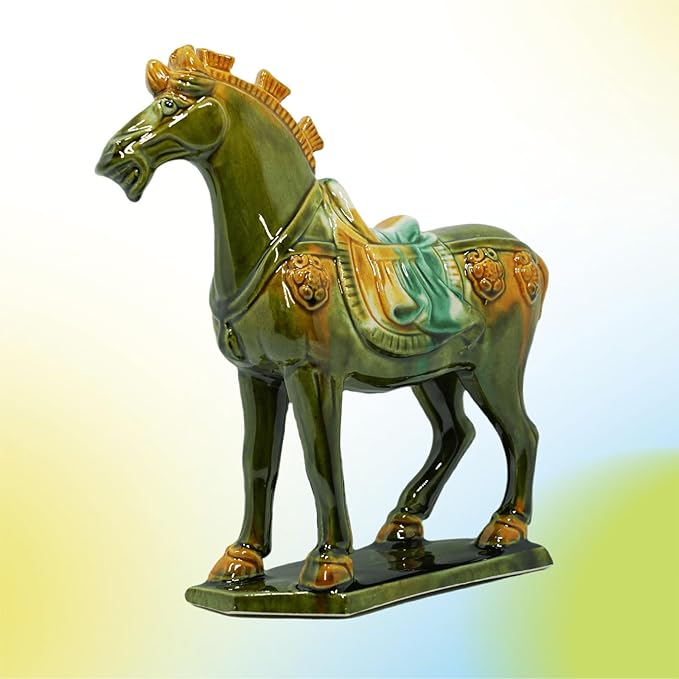 Handmade -Tang Dynasty Tri-Color Horse Sculpture Ceramic Horse-19cm Cultural Art Piece for Home,Bookcase or Office Decor (Grass Green)