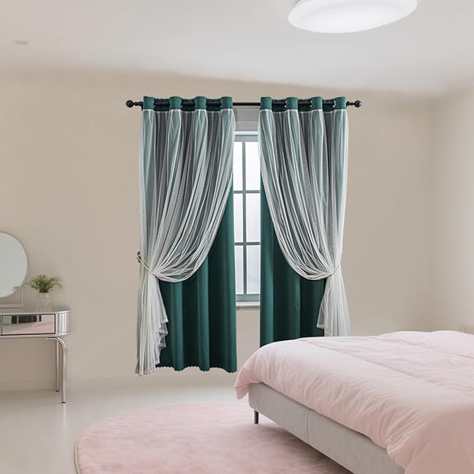 Anytime Home Curtains Blackout and Sheer Layered Solid Window Curtain Panel Pair with Grommet Top, 52Wx95L,Dark Green