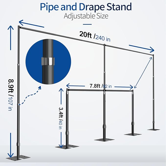 Pipe and Drape Backdrop Stand, 8.9x20ft Heavy Duty Adjustable Background Frame with Metal Base, Back Drop Holder for Parties Photography Wedding Photoshoot Decoration - Black