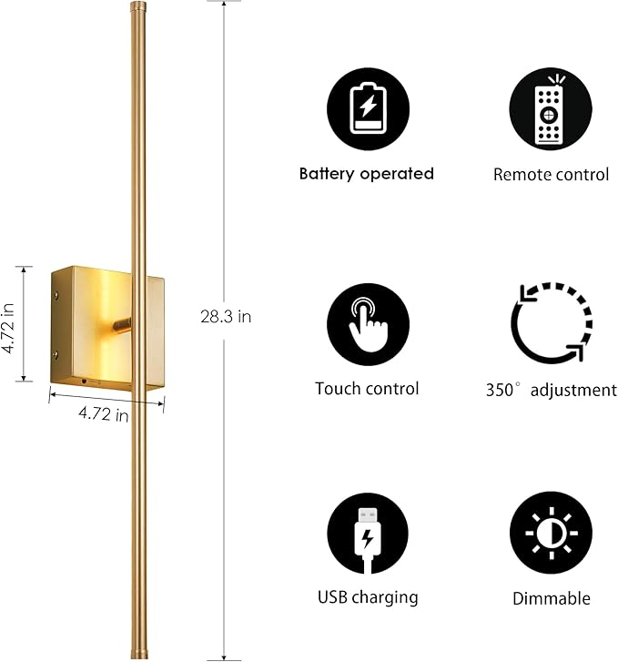 Battery Operated Wall Sconces with Remote Control, Dimmable Wall Sconces Set of Two, 350°Rotate, 3000K LED Gold Wireless Wall Light for Living Room, Hallway, Bedroom, 28.3 Inch (2 Pack)