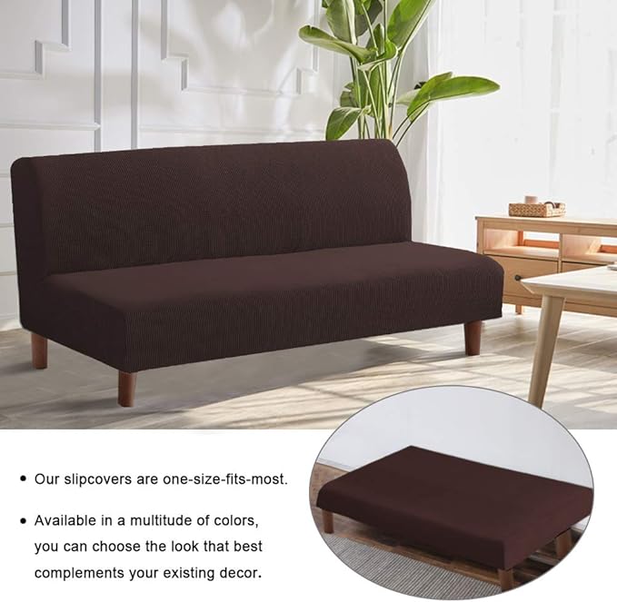 Flamingo P Stretch Armless Futon Covers Full Queen Futon Couch Covers Slipcover Futon Sofa Cover Futon Bed Cover Furniture Protector Covers with Elastic Bottom, Soft Thick Jacquard Washable, Brown