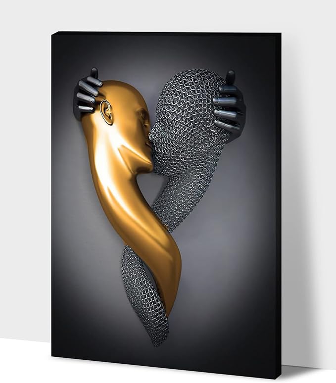 HIPOCAPO 3D Metal Effect Wall Art - Wall, Modern Abstract Hug Lovers Painting Picture Poster Prints for Bathroom, Romantic Couple Living Room Canvas Framed 24''x36''x1Pcs 3d Art-20