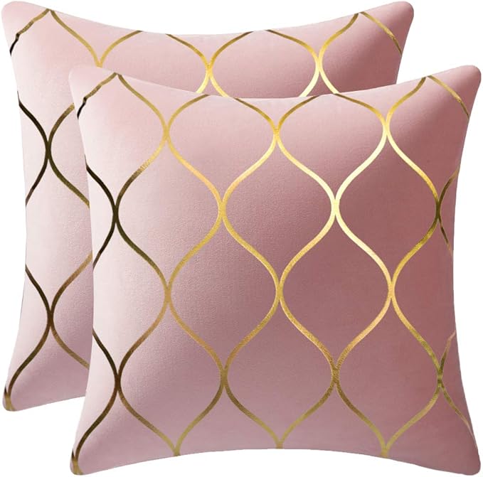 Gold Velvet Throw Pillow Covers: 2 Pack 24x24 Inch Square Decorative Pillow Cases for Bedroom Sofa Couch Living Room, Pink