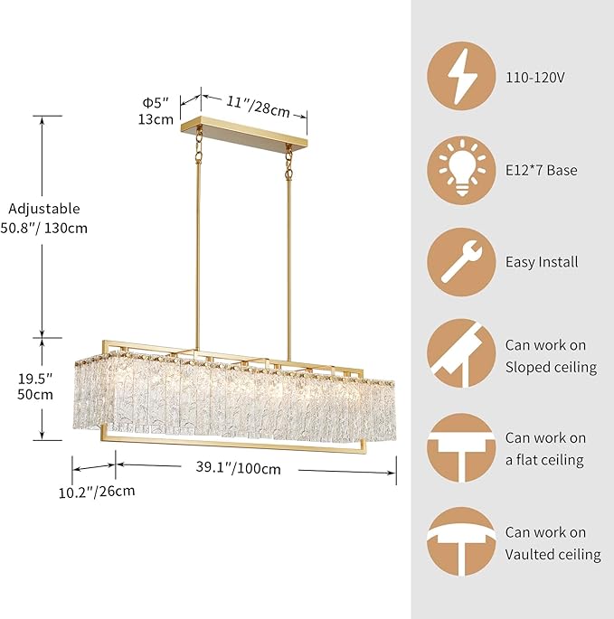 Shrine Lighting Gold Glass Chandeliers, Modern Design, Rectangular Chandelier for Living Space, L39.1'' × W10.2'' × H19.5'', Adjustable 50.8'', 7 x E12 Sockets, Glass LampShade & Brass Finish Frame
