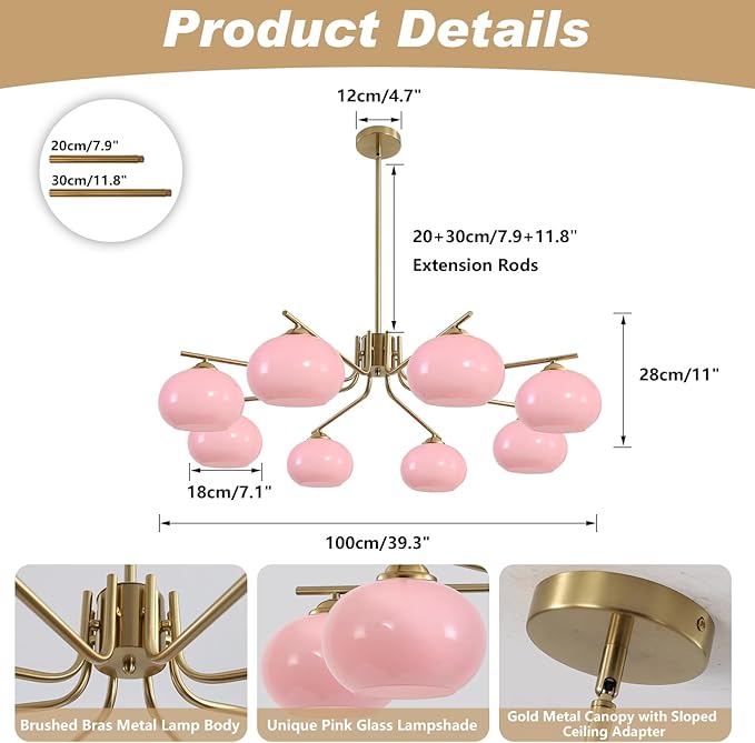 KCO Lighting 8 Lights Pink Bubble Chandelier Modern Kitchen Island Pendant Light Brushed Brass Chandelier Flush Mount Dining Room Living Room Light Fixture
