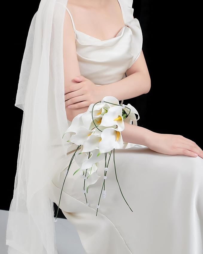 Bridal Bouquet:9 Stems White Calla Lily Pearl Bouquet EVA Real Touch-Wedding Bouquet for Bride/Bridesmaid