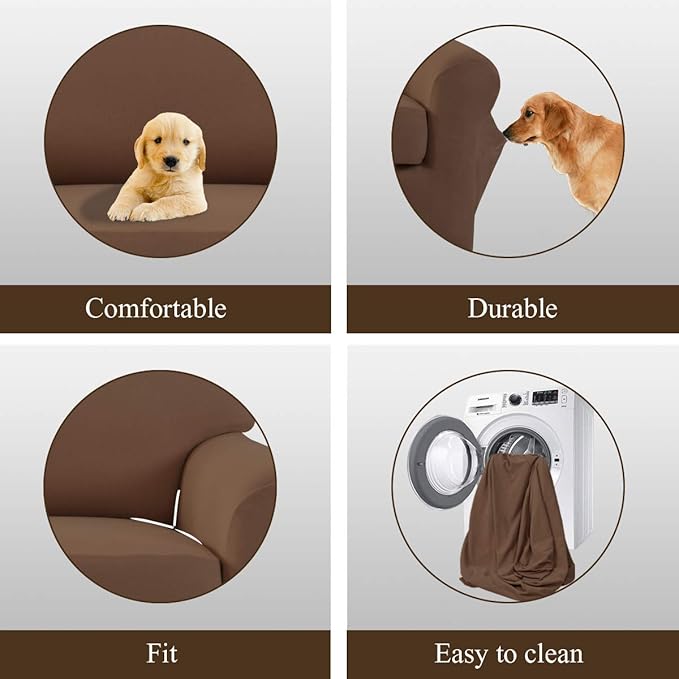 Easy-Going 2 Pieces Microfiber Stretch Sofa Slipcover – Spandex Soft Fitted Sofa Couch Cover, Washable Furniture Protector with Elastic Bottom Kids,Pet (Sofa, Brown)
