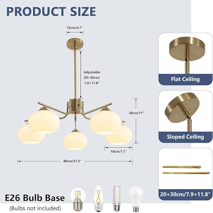 KCO Lighting 5-Light Globe Flush Mount Sputnik Chandelier Modern Brass Gold Pendant Lighting Fixture Milk Glass Ball Kitchen Island Chandelier Dining Room Light Fixture