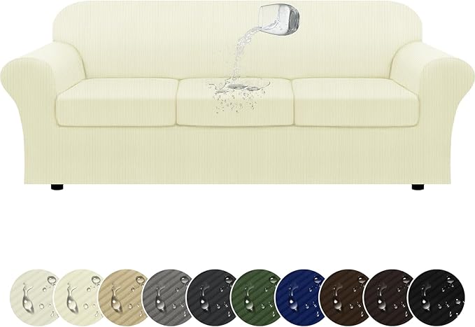 100% Waterproof Extra Large Couch Cover 4-Piece Set Striped Sofa Slipcovers for 3 Cushion Couch Covers with TPU Leakproof Bottom Stretch Protector Pet Proof - Sofa(3-Cushion), Beige
