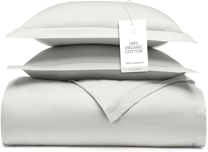 BOLL & BRANCH Signature Hemmed Duvet Set - King/Cal King, Mist - Luxury 100% Organic Cotton - 1 Duvet Cover, 2 Shams - Buttery Soft, Hidden Closures