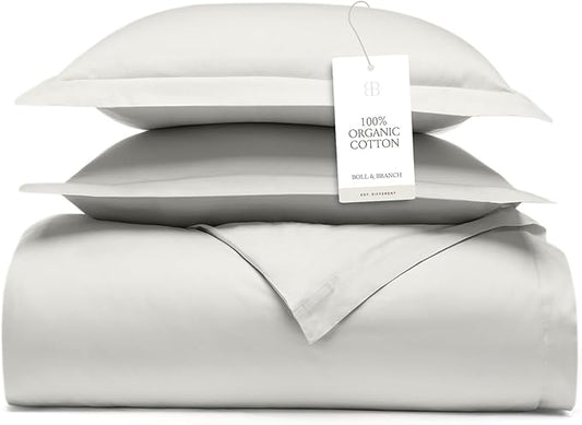 BOLL & BRANCH Signature Hemmed Duvet Set - King/Cal King, Mist - Luxury 100% Organic Cotton - 1 Duvet Cover, 2 Shams - Buttery Soft, Hidden Closures