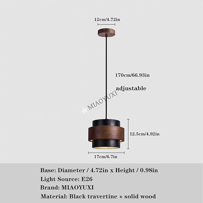 Wabi-Sabi Travertine Stone Wood Chandelier - Japandi Minimalist 1-4-Light Pendant Light for Dining Room, Kitchen Island, Bedroom(Black Travertine,1-Head)