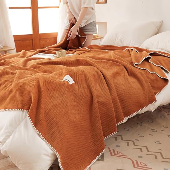 Luxury Softness Cozy Milk Flannel Velvet Waffle Weave Blanket, Pet Cat Feel, Nordic Modern Aetec Style, Lightweight Warm Plush Bed Twin Blanket Couch Sofa Travel Picnics, Burnt Orange 60"x80"