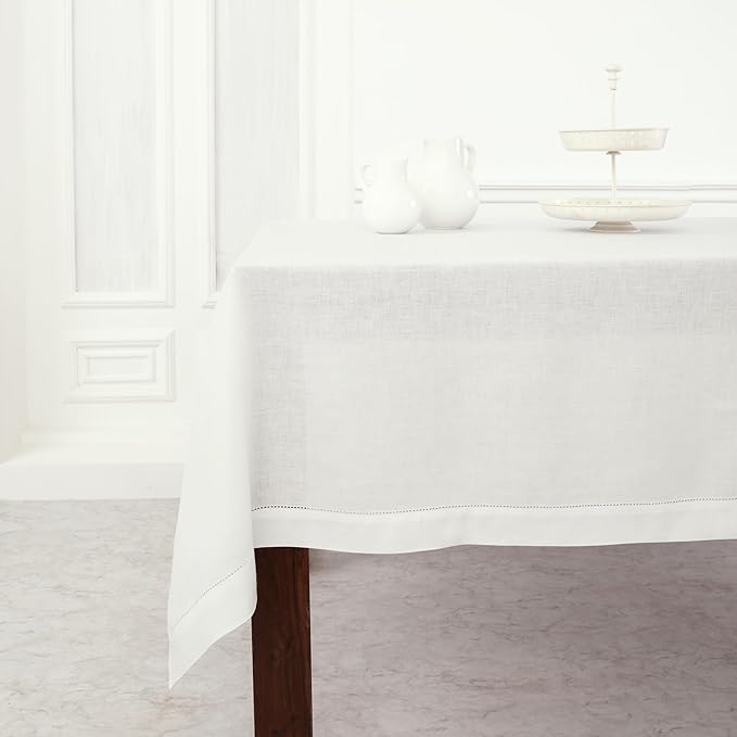 Solino Home Linen Tablecloth for Rectangle Tables 60 x 156 Inch - Classic Hemstitch 100% Pure Linen White Table Cloth - Machine Washable Cloth Tablecloth for Christmas, Fall, Thanksgiving