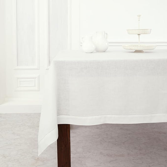 Solino Home Linen Tablecloth for Rectangle Tables 60 x 156 Inch - Classic Hemstitch 100% Pure Linen White Table Cloth - Machine Washable Cloth Tablecloth for Christmas, Fall, Thanksgiving