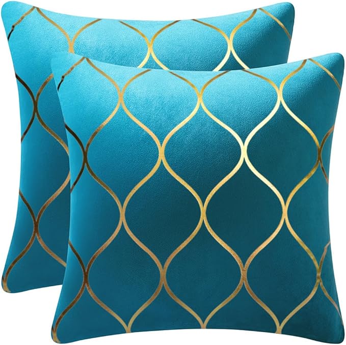 20x20 Inch Gold Velvet Throw Pillow Covers: 2 Pack Square Decorative Pillow Cases for Bedroom Sofa Couch Living Room, Turquoise