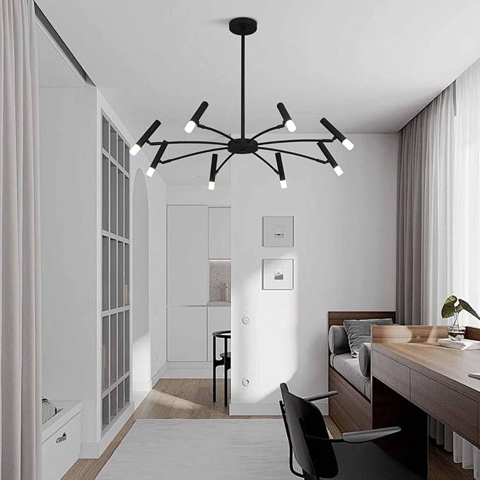 KCO Lighting 8 Light Black Metal Light Fixture Modern Foyer Chandelier Lighting Mid Century Industrial Sputnik Chandeliers Contemporary High Ceiling Chandelier Lights for Dining Room