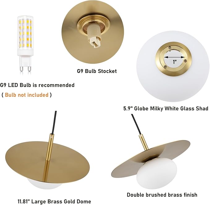 Modern Globe Pendant Lighting Milky White Glass Shade Brass Gold Farmhouse Pendant Light 11.81" Dome Industrial Mid Century Hanging Ceiling Light Fixture Kitchen Island Dinning Room Bedroom