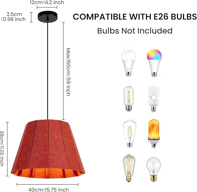 Pendant Light with Felt Lampshade, Modern Hanging Lamp Fixture, DIY Acoustic Pendant Light Chandeliers for Kitchen Island, Living Room, Dining Room, Bedroom, Office (D15.7"x11")