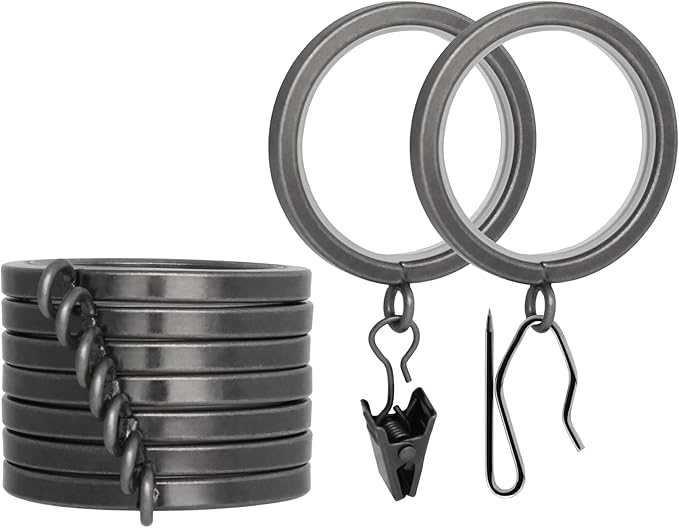 BlastHome® Luxury Curtain Rings - Premium Metal with Quiet, Smooth Nylon Inserts - Pinhooks and Clips Included - 1 1/2" Inside Diameter - 9 Rings for One Standard Curtain - Gunmetal/Pewter