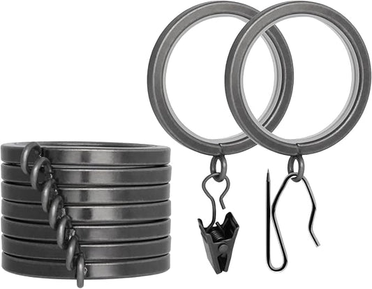 BlastHome® Luxury Curtain Rings - Premium Metal with Quiet, Smooth Nylon Inserts - Pinhooks and Clips Included - 1 1/2" Inside Diameter - 9 Rings for One Standard Curtain - Gunmetal/Pewter