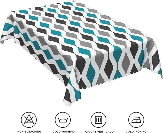 70x140inches Teal Turquoise Grey Table Cloth Mid Century Geometric Stripes Tablecloth Spill Proof Washable Polyester Table Cover for Farmhouse Living Room Dining Room Kitchen Cafe Party Decor