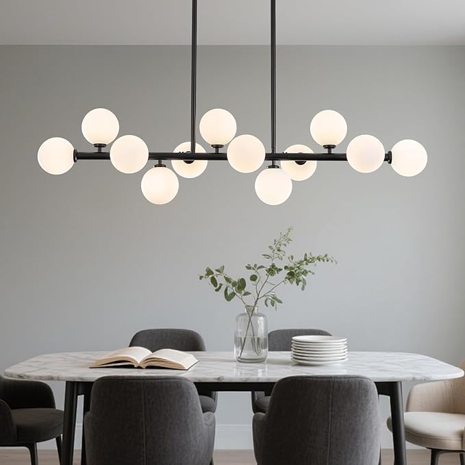 50 Inch Large Globe Sputnik Chandelier, 12-Light Mid Century Modern Light Fixture Over Table, Black Linear Chandeliers for Dining Room Kitchen Island Living (Milk White Glass Bubble Shades)