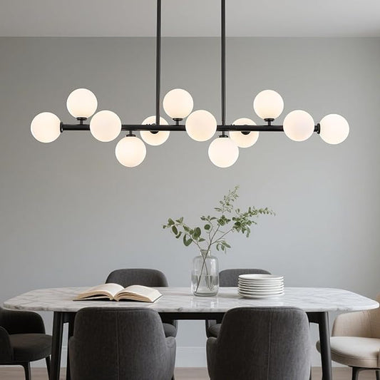 50 Inch Large Globe Sputnik Chandelier, 12-Light Mid Century Modern Light Fixture Over Table, Black Linear Chandeliers for Dining Room Kitchen Island Living (Milk White Glass Bubble Shades)