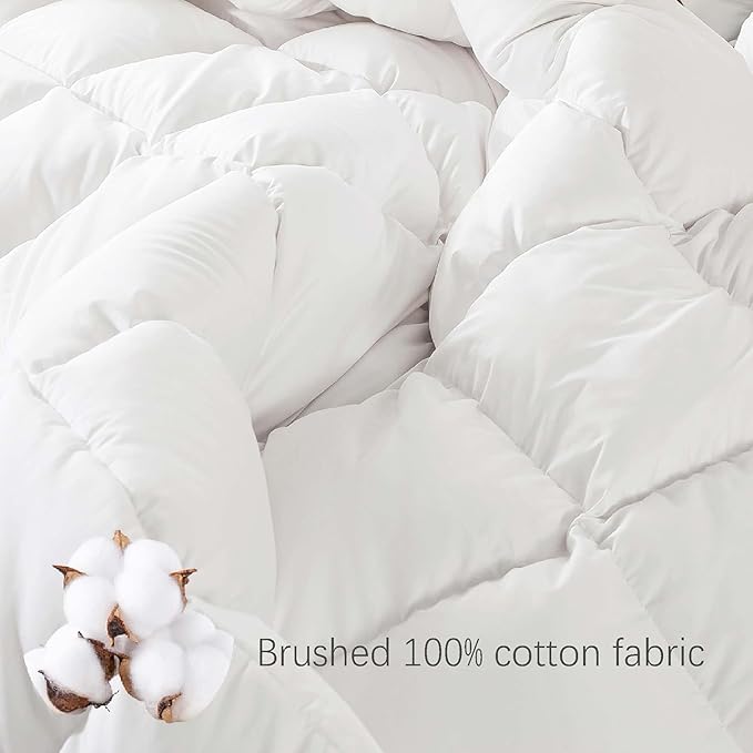 Down Fiber Comforter Oversized King Size – All Season Fluffy White Duvet Insert, Lightweight Warm Feather Bedding, Soft 100% Cotton Cover, 116 x 98 Inch