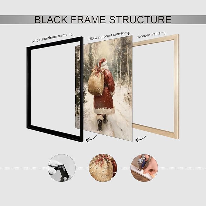 Santa Claus in Winter Forest Poster Vintage Christmas Holiday Canvas Wall Art 12x16 inch Black Framed Cozy Nature Christmas Tree Oil Painting Prints for Cottagecore Bedroom Wall Decor