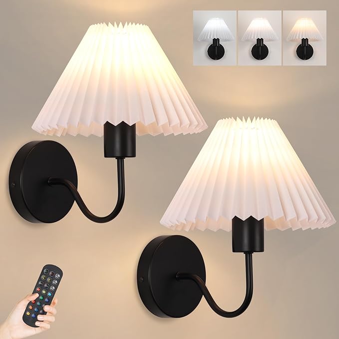 Rechargeable Battery Operated Wall Sconces Set of 2,Black Wall Lights with Remote,Dimmable Wall Lamp with Pleated Shades,15 Colors Wireless Bathroom Vanity Wall Light for Bedroom Living Room Hallway
