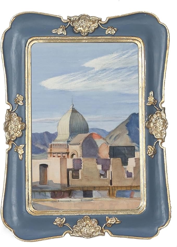 WINPLUS+ Vintage Picture Frame 5x7, Wall Mount and Tabletop Display, Art Gallery Gift (Blue and Gold 5x7)