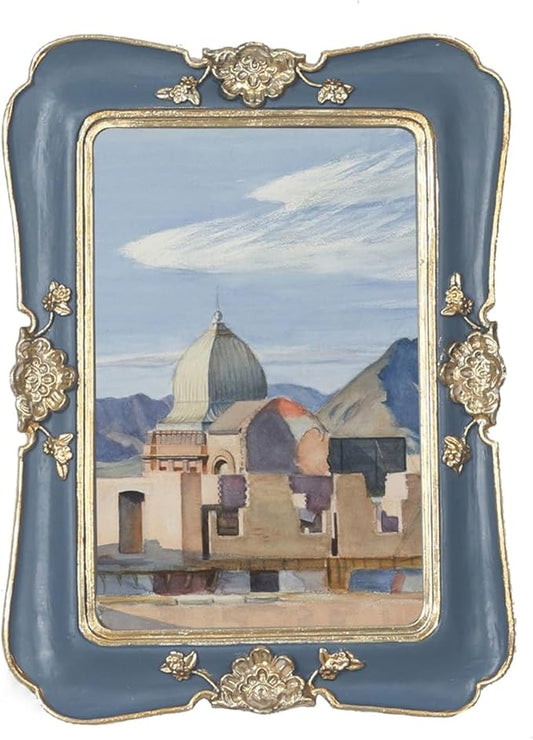 WINPLUS+ Vintage Picture Frame 5x7, Wall Mount and Tabletop Display, Art Gallery Gift (Blue and Gold 5x7)