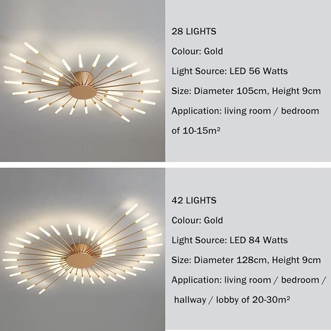 JAYMP Ceiling Light Modern Flower Shape Ceiling Lamp for Dining Room Kitchen Hallway Flush Mount Metal Acrylic Sputnik Firework Petal LED Lighting Fixture (Matte Gold, 28 Lights)
