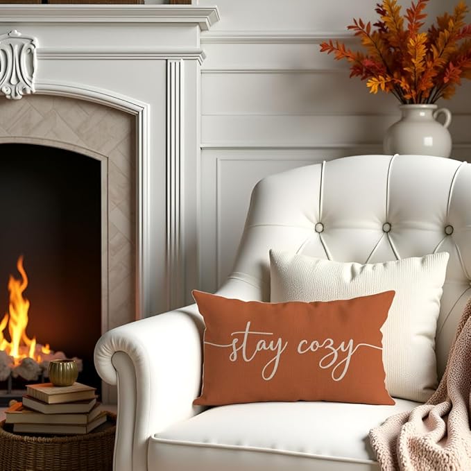 PANDICORN Fall Pillow Cover 12x20 Warm Orange, Stay Cozy Lumbar Decorative Cushion Case for Couch Sofa Bed, Autumn Rustic Farmhouse Decor or Porch Fall Decorations