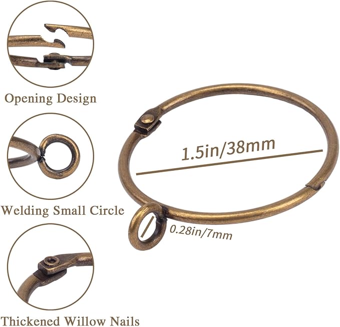 Openable Curtain Rings with Eyelet,24PCS Curtain Rings,Drapes Rings 1.5 in Interior Diameter,Hinge Snap-Joint Design, Fits Curtain Rods Up to 1.25 Inches Bronze TXZWJZ