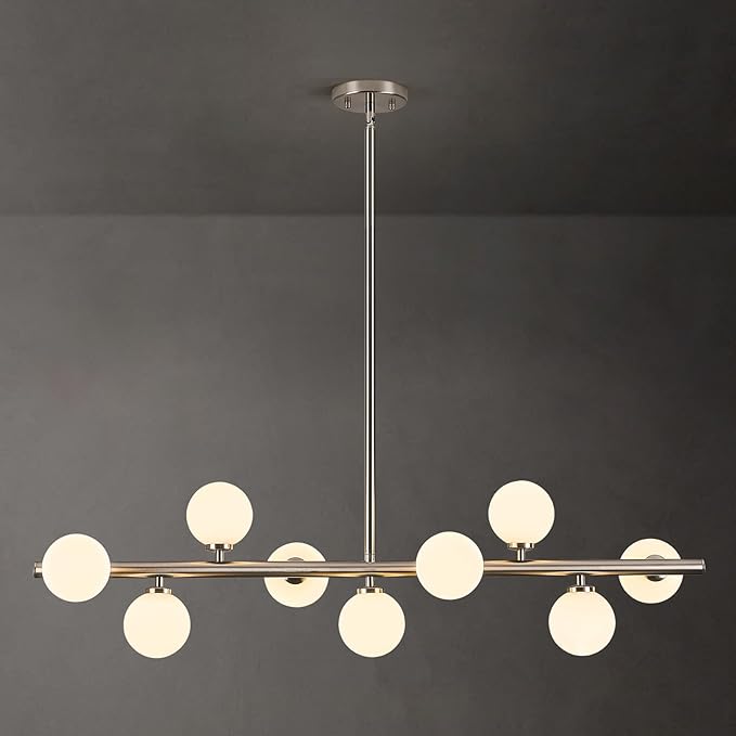 Mid Century Modern Globe Sputnik Chandelier, 9-Light Linear Chandeliers for Dining Room and Kitchen Island, Dining Light Fixture Over Table, Nickel and Milk White Glass Bubble, 40 Inch