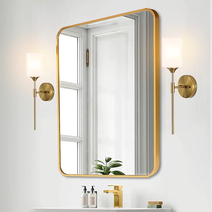 Gold Wall Sconce Set of 2 with White Cylinder Glass Shades Modern Mid Century Bathroom Vanity Wall Light Fixtures Industrial Brushed Brass Wall Lamp for Bedroom Mirror Living Room Restaurant