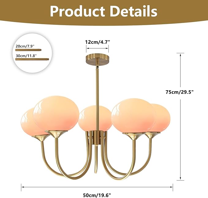BOKT 5 Light Gold Globe Sputnik Chandelier Modern Pink Glass Sputnik Pendant Lights Kitchen Island Mid Century Vintage Brushed Brass Ball Chandelier Light Fixture for Bedroom Dining Living Room