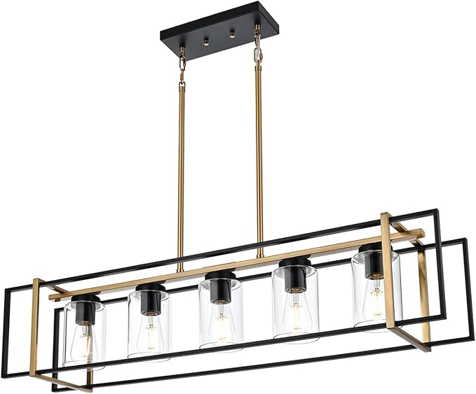 5-Light Farmhouse Chandelier Black and Brass Island Pendant Light Fixture with Clear Glass Shades, Rectangular Hanging Lighting for Kitchen or Dining Room