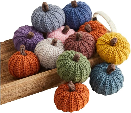 Mini knit pumpkins set of 12 warm pumpkin colors for bowl fillers, shelf décor accent, table setting for autumn entertaining, hostess gift everyday, fall wedding centerpiece (Mini Assorted Set 12)