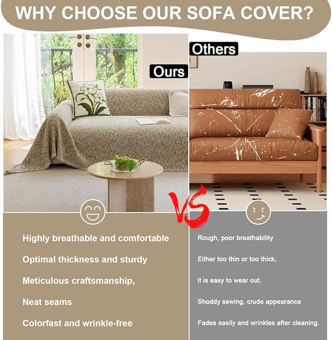 ROOMLIFE Boho Beige Couch Cover for Dogs, Washable Non Slip Furniture Protector Couch Sofa Covers for 3 Cushion Couch, Soft Chenille Couch Cover Throw Blanket with Tassels 71''X134''