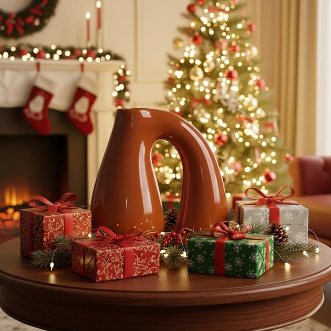 Brown Ceramic Decorative Pitcher Vase, 7.5 in – Glossy Sculptural Arch-Handle, Warm Earth-Tone Home Décor for Fresh or Dried Floral Arrangements, Table/Shelf/Entryway, Giftable