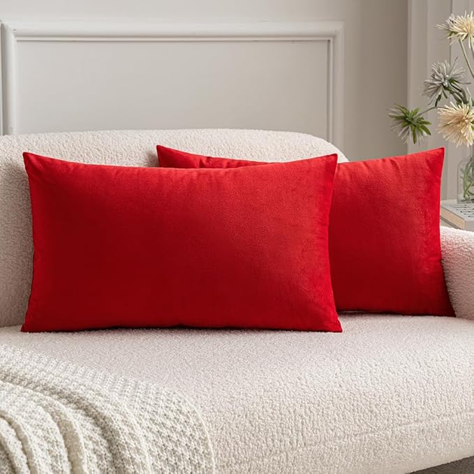 MIULEE Pack of 2 Christmas Bright Red Velvet Throw Pillow Covers 12x20 Inch Soft Solid Decorative Lumbar Rectangle Cushion Cases for Couch Sofa Bedroom