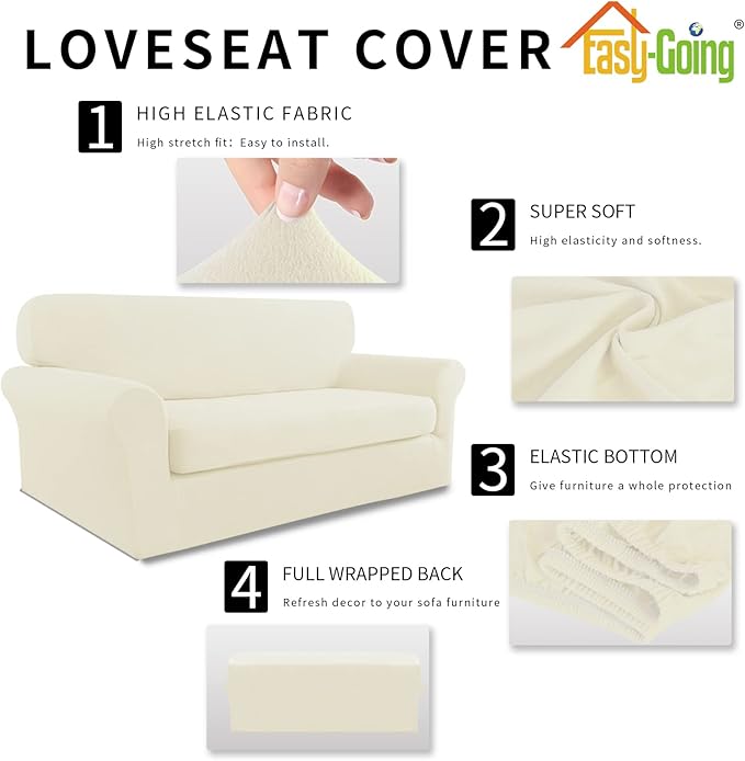 Easy-Going Stretch Sofa Slipcover, 2-Piece Sofa Cover Furniture Protector Couch Microfiber Super Soft Sturdy with Elastic Bottom Pets, Kids, Children (Loveseat, Ivory)